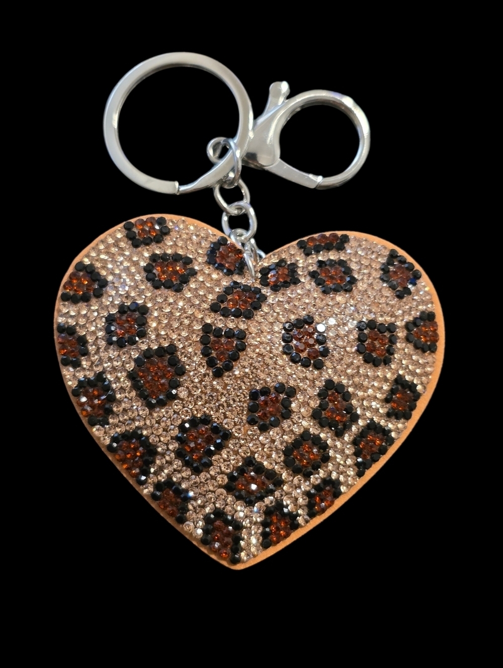 Leopard Rhinestone Heart Bag Charm Keychain - Women Accessories